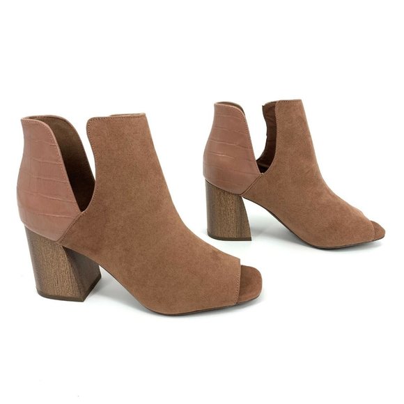 Qupid Shoes - Quipid Booties Mocha Suede Peep Toe Block Heel Vented Textured